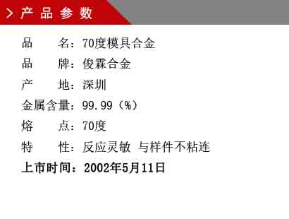 品 名：低溫熔模鑄造合金 品 牌：俊霖合金 產(chǎn) 地：深圳 金屬含量：99%特 性：脹縮率小 不粘連 無毒性 熔 點：55℃ 成 分：鉛、鉍加之其他輔助金屬 上市時間：2002年5月11日